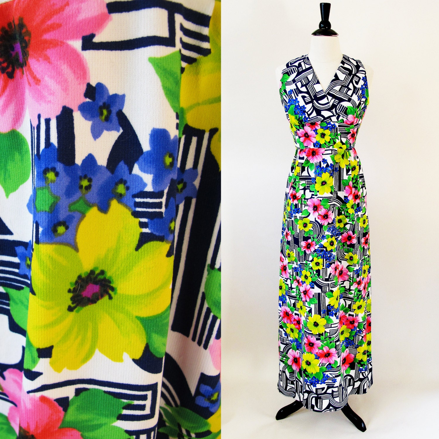 1960s Floral Print Maxi / 60s Long Polyester Sleeveless Sheath Dress / 1960 Flower Power / 60s Fashion