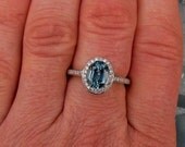 Blue Green Sapphire 14k Gold Diamond Halo Engagement Ring September Birthstone Gemstone Jewelry
