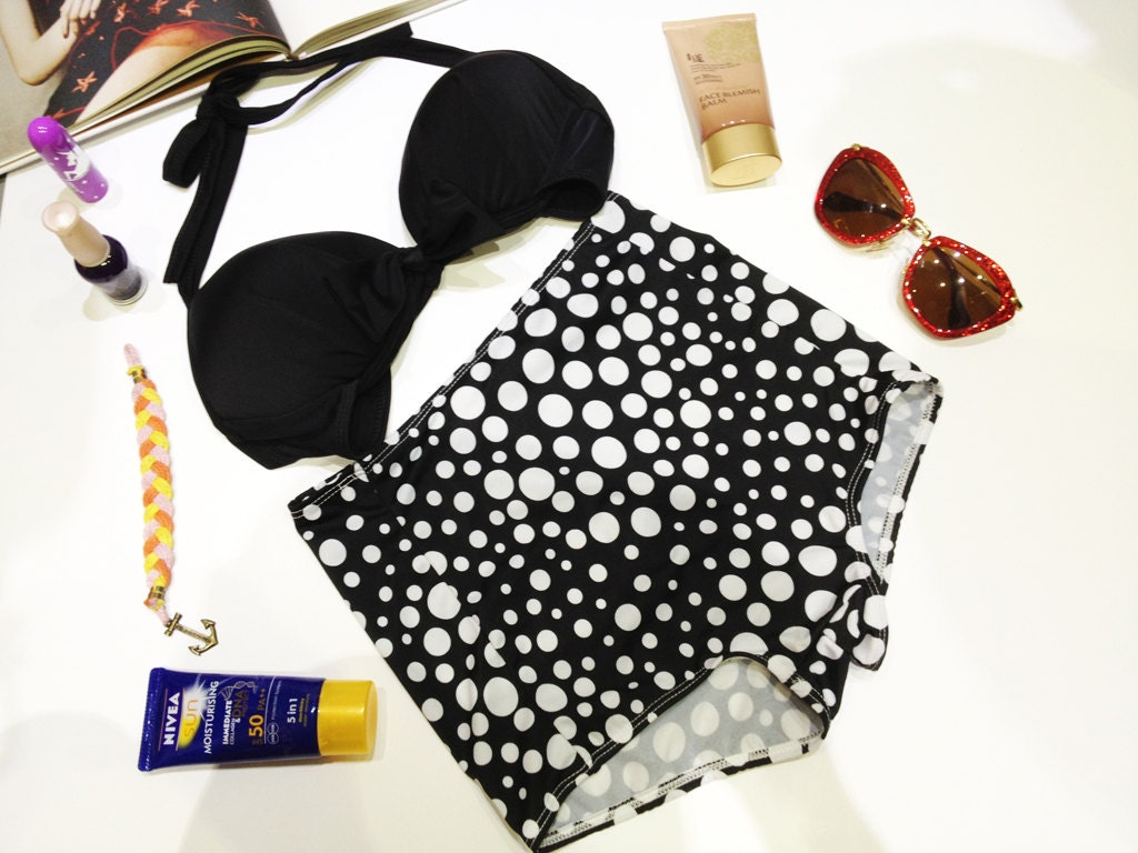 New vintage high waist bikini black top and polka dot bottoms fashion on summer women set handmade 100%