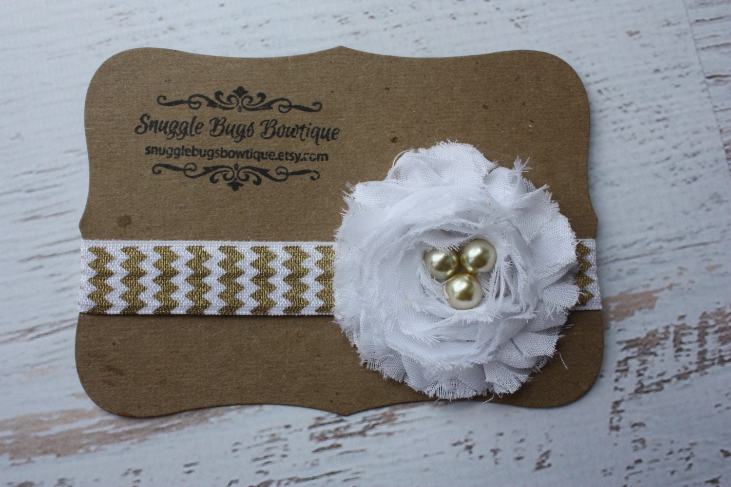 Gold Metallic Chevron Shabby Chiffon Flower Headband