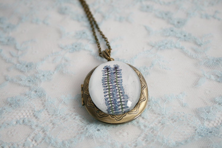 Oval Antique Bronze Locket Necklace - Glass Cabochon - Veronica Longifolia Flower - Original Illustration