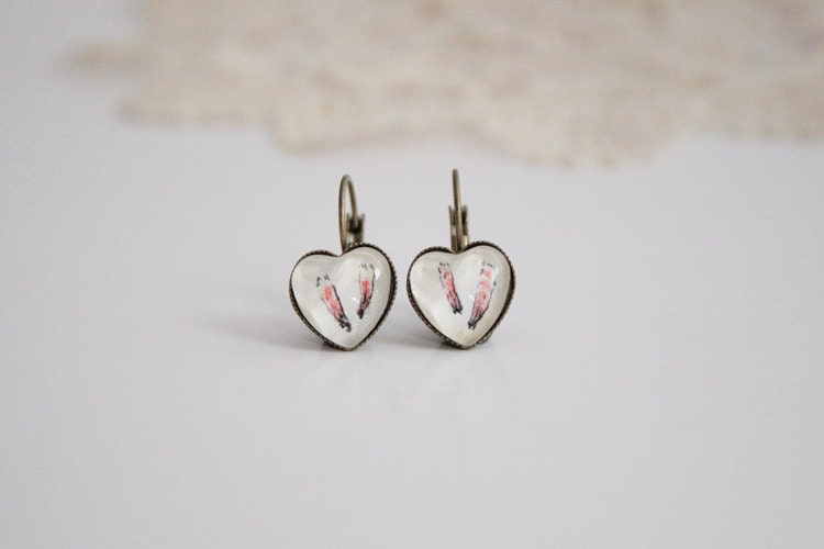 Antique Brass Hanging Earrings -  Heart Shaped Glass Cabochon - Red Fallen Flower Leaves - One of a Kind Illustrations