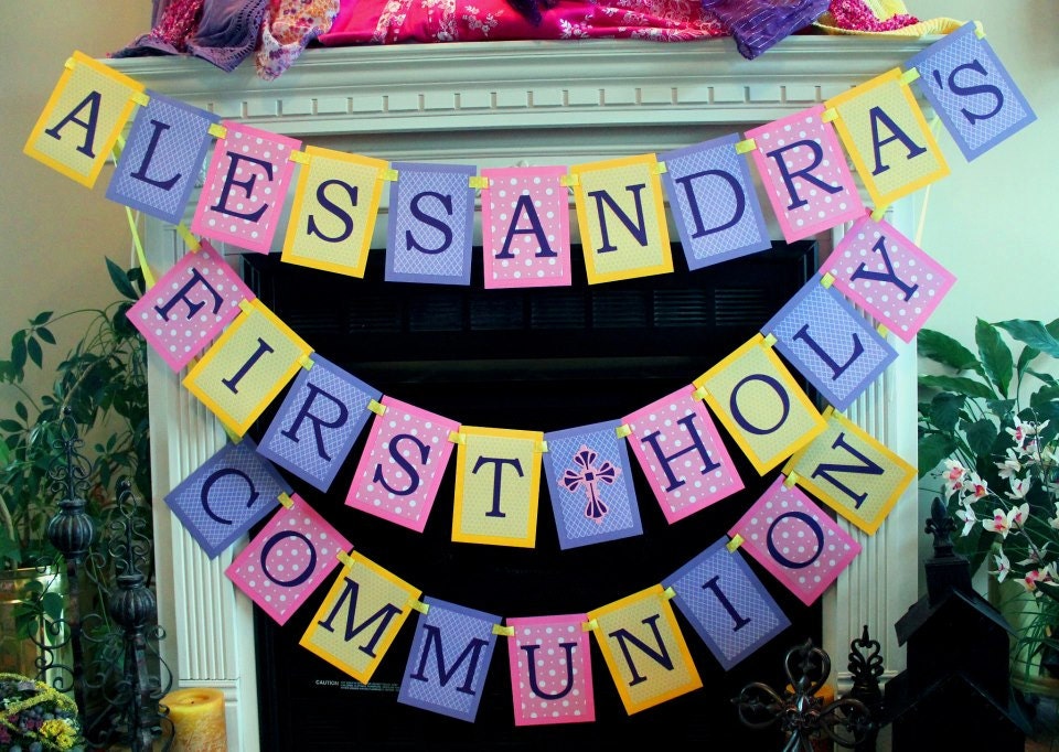 personalized first holy communion banner for girl - example of pink, yellow, and purple banner