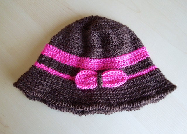 Casual chocolate and hot pink crochet hat