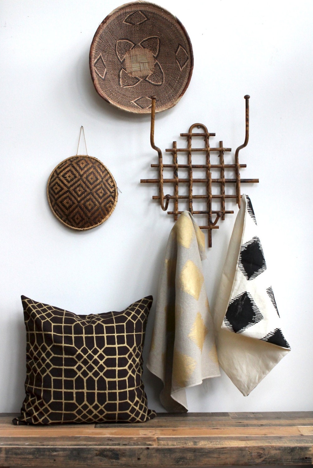 Penn Grid pillow cover in metallic bronze hand printed on brown organic hemp 20x20