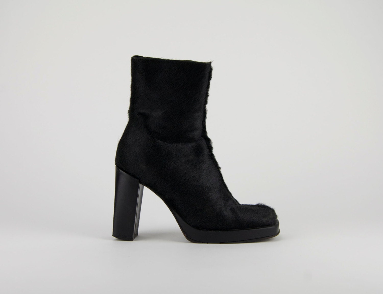 Vintage 90s Charles David Black Pony Horse Hair High Heel Platform Ankle Boots / Size US 6.5 EU 36.5