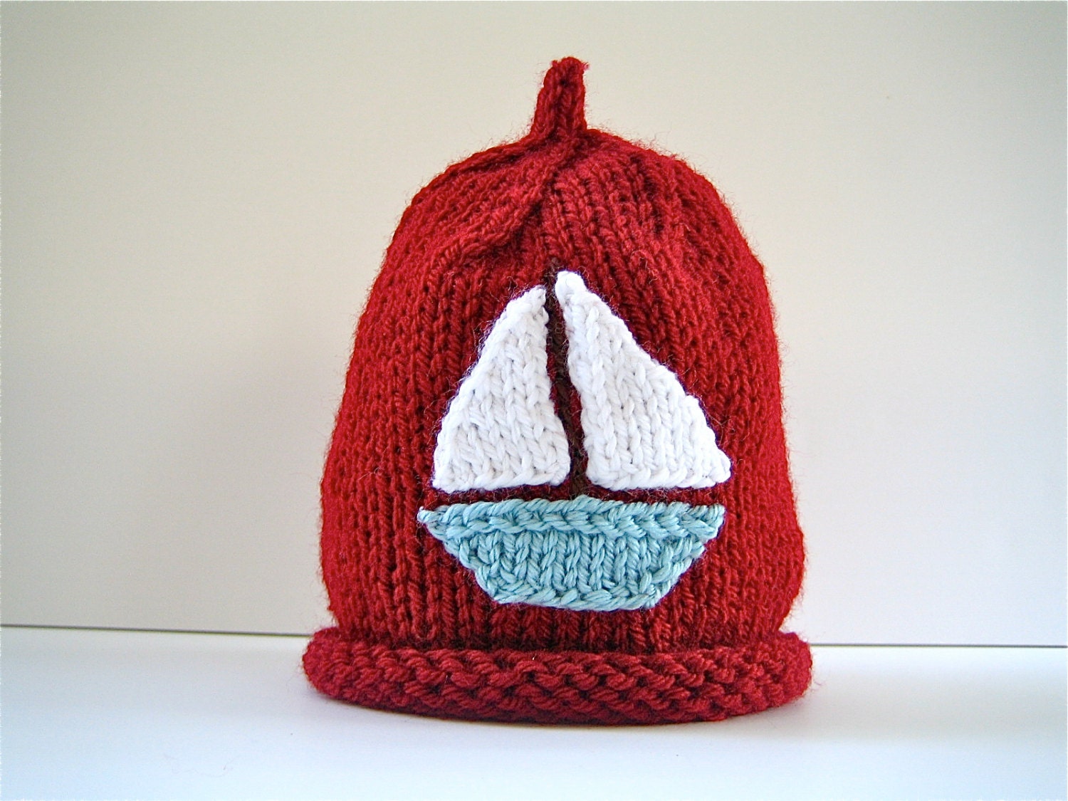 Crimson SAILBOAT Hat, 9 - 18 months, Baby Hat, Sailor Hat, Knit Baby Hat