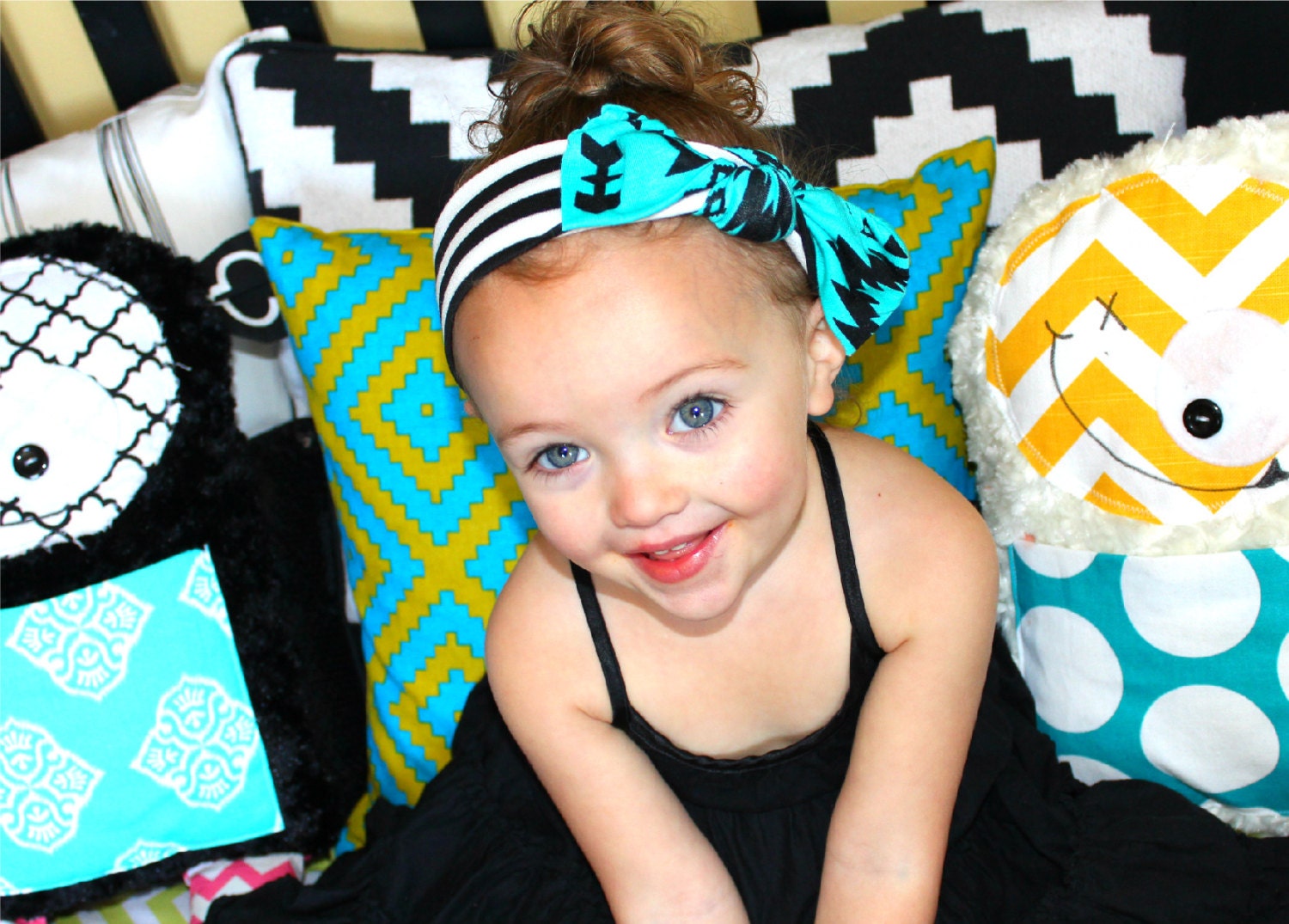 New 2013 MIXED PRINT WRAP Collection - Turquoise & Black Tribal Print on Black and White Striped head wrap/scarf  / adult / spring / summer
