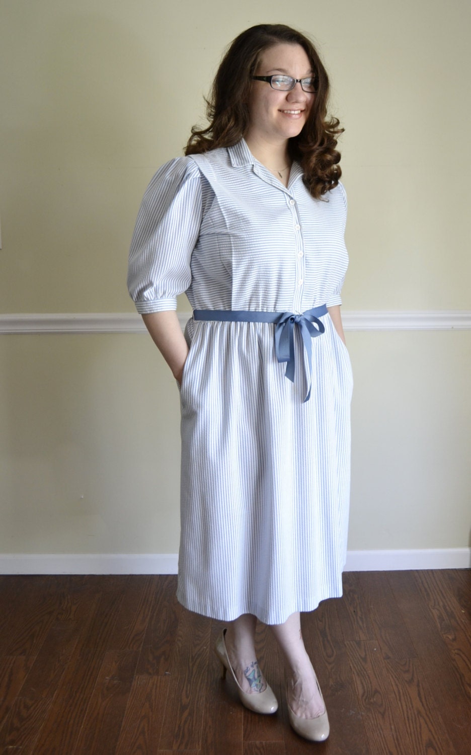 Plus Size 14-16 Summer Dress1980s Blue Stripes Tea Length, Short Sleeves
