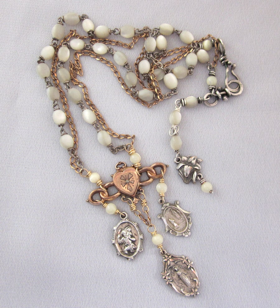 Religious Charm Necklace, Repurposed Necklace, Vintage Rosary Beads, Sterling Silver, Gold Filled, Religious Medals, OOAK Assemblage Jewelry