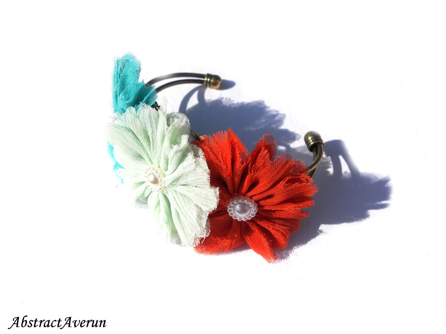 Fabric Flower Cuff Bracelet - Sea Foam, Teal, and Burnt Orange - Antique Bronze Filigree Cuff - Bridesmaid's Gift, Spring Bracelet
