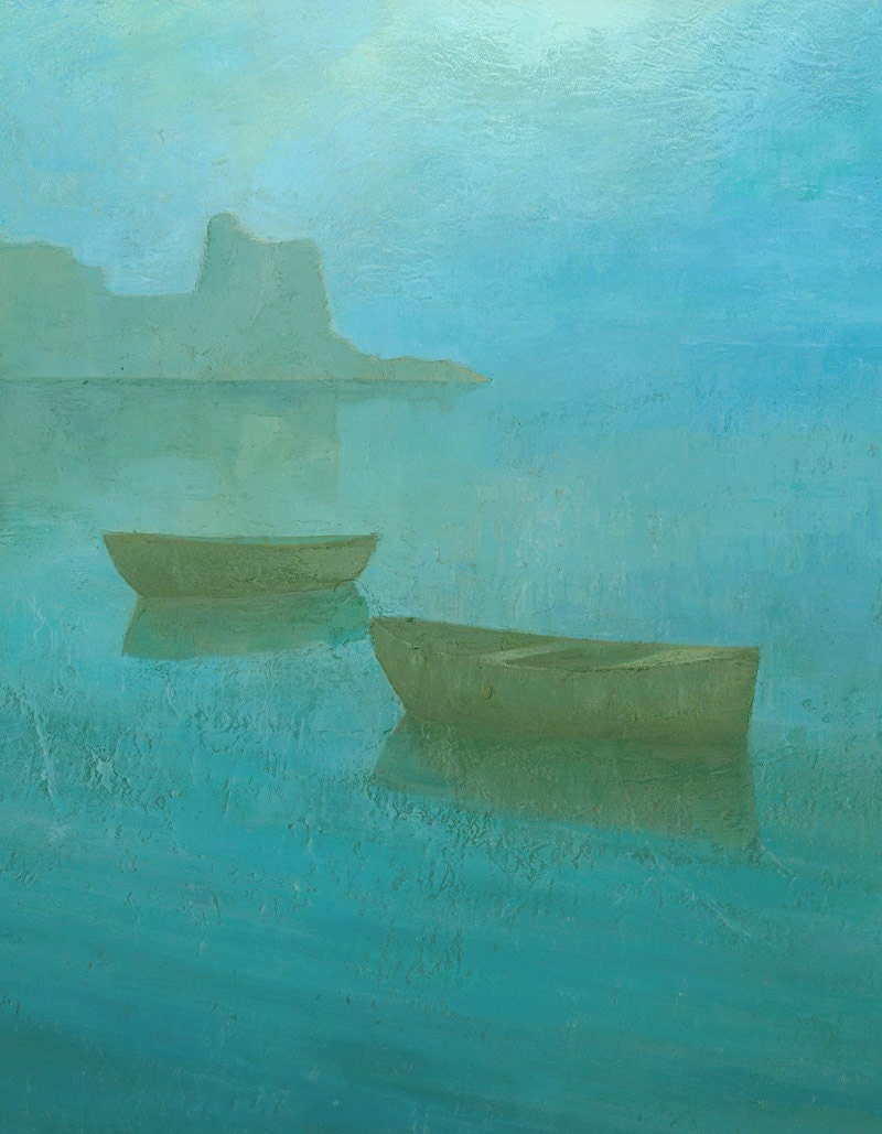 Blue Mist I, Harbour Boats Painting, Signed Giclee Print 9x7 inches