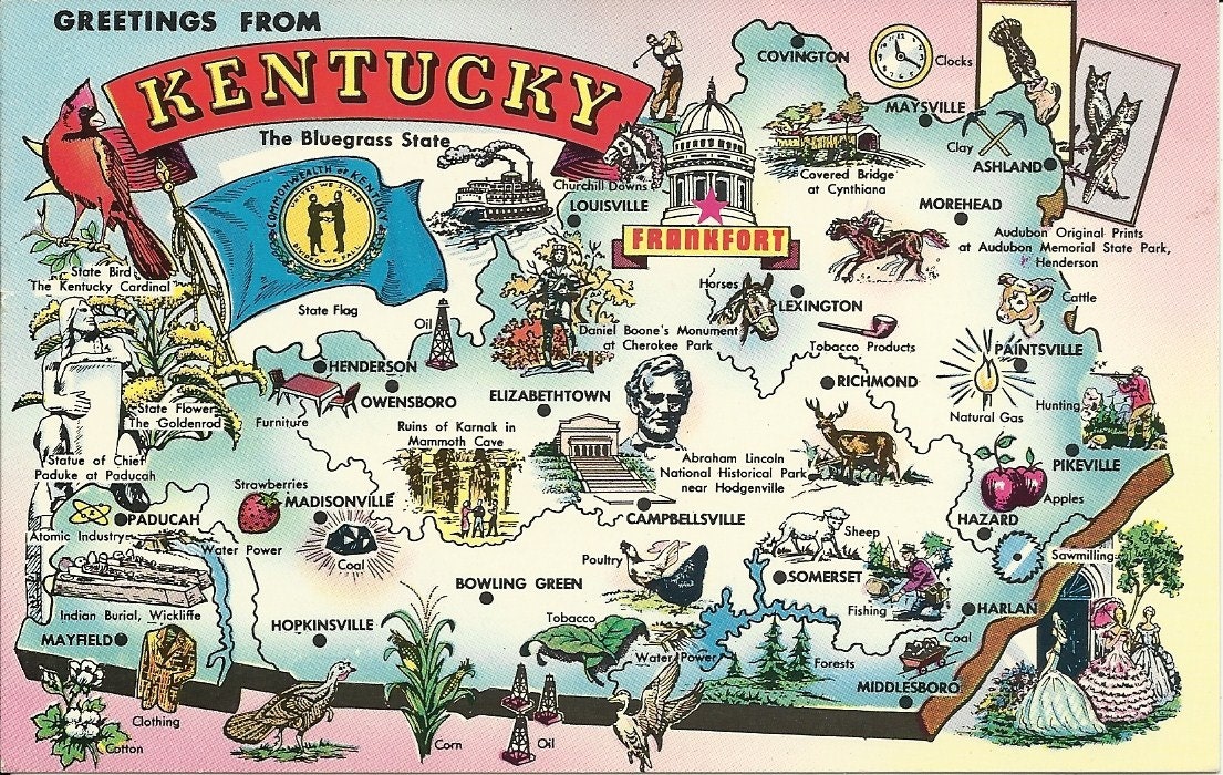 Vintage Postcard Greetings From Kentucky -  Map - 1970s