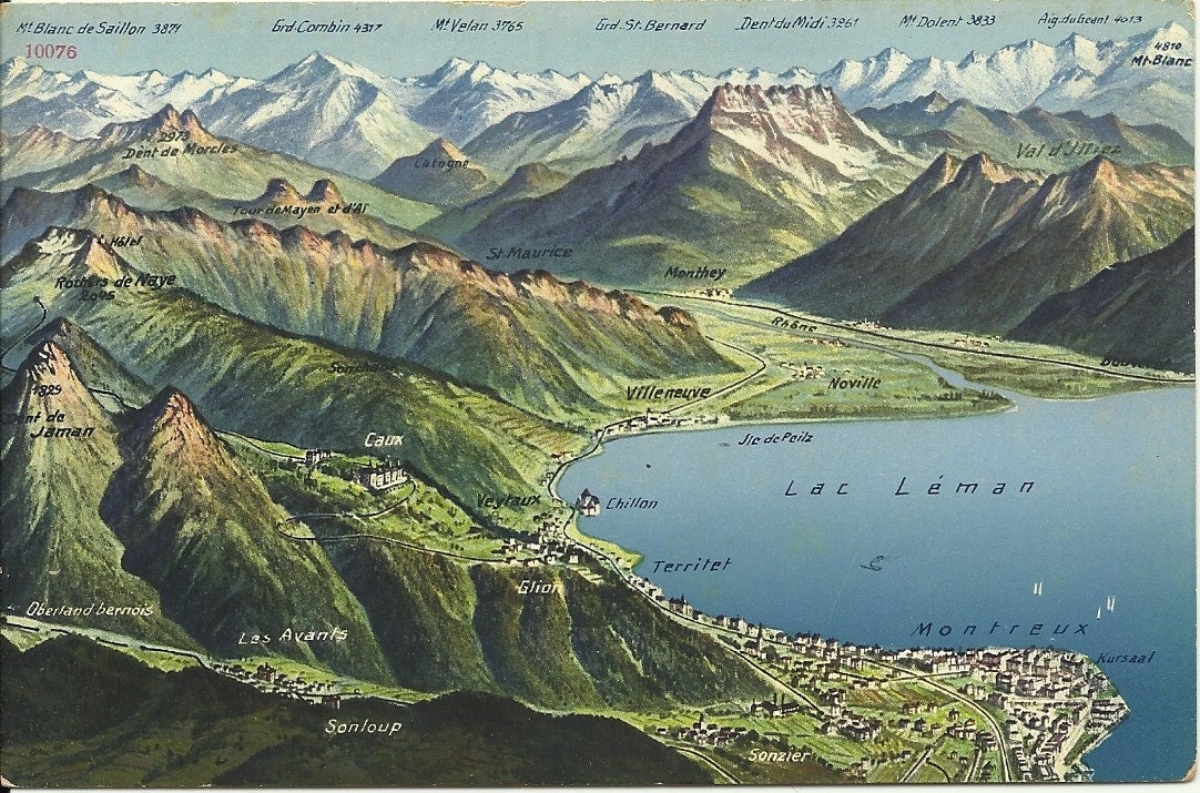 Antique Postcard Lac Leman Switzerland - 1910s Topographic Map of Swiss Mountains