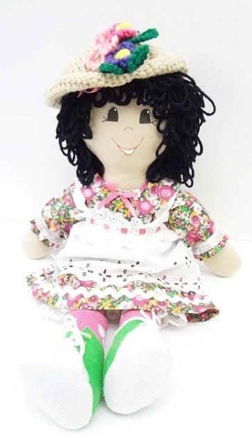 black curly hair flowered hat handmade rag doll folk art toy ragdoll NF133