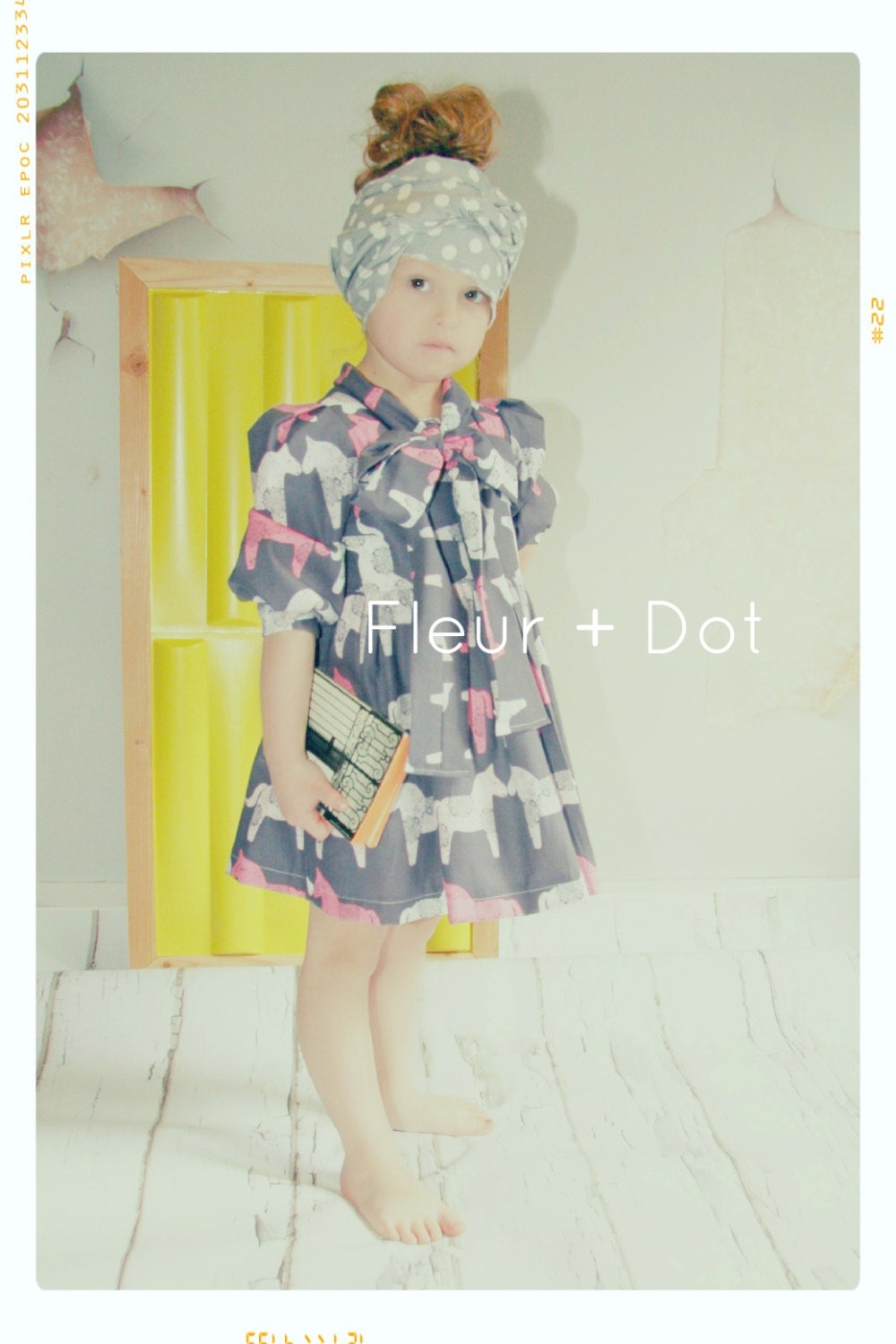 Pink Painted Horses Bow Tie Girl Dress in Grey Punk and White Cotton Spring Summer Collection by Fleur and Dot
