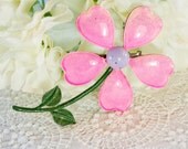 Vintage Flower Power Brooch / Pin, Big Pink Purple Daisy, HEART Petals, Green Leaves, 1960s 1970s Hippie Spring Summer Floral Jewelry