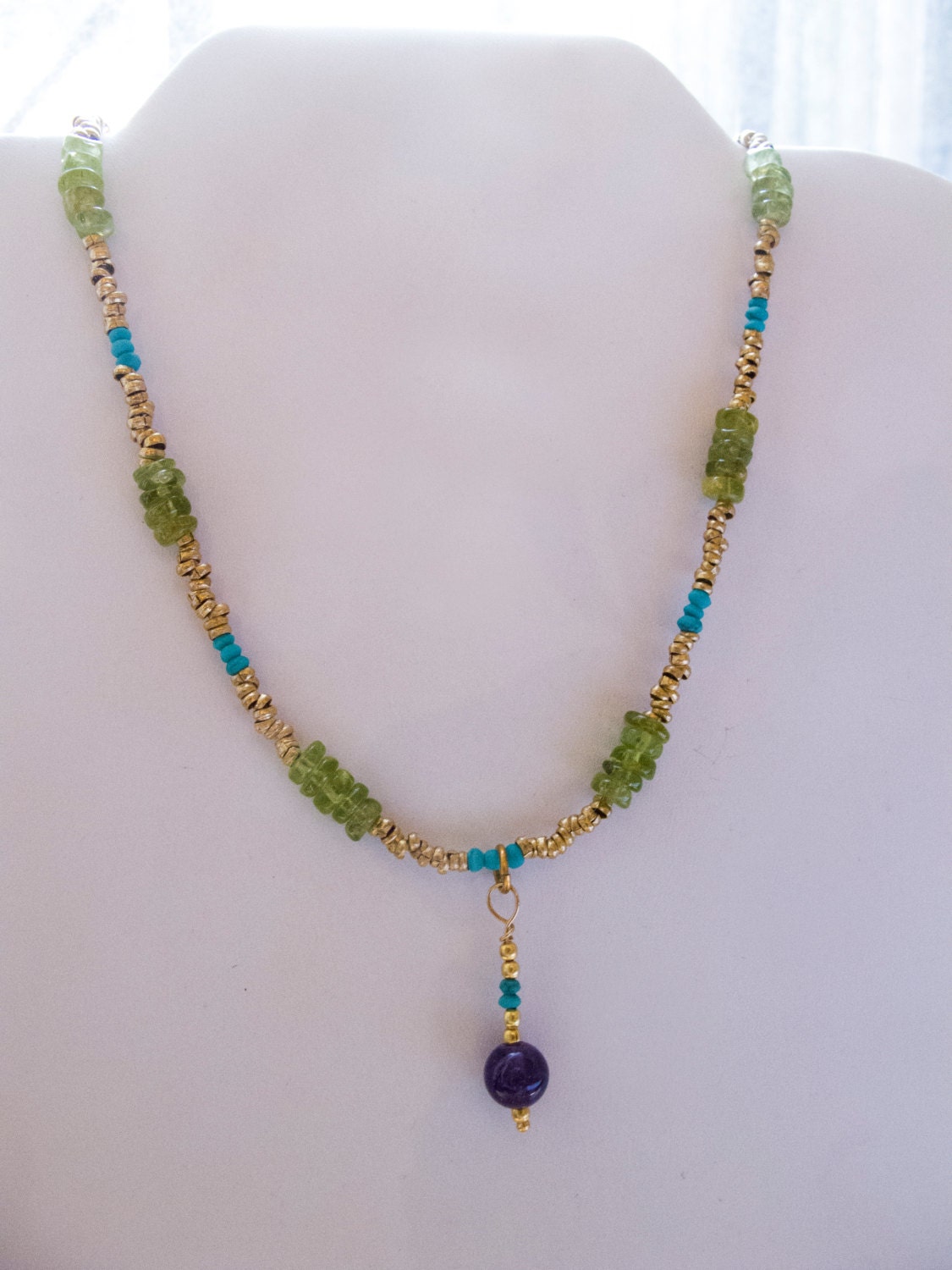 Turquoise, Peridot and Gold-plated Brass Beaded Necklace
