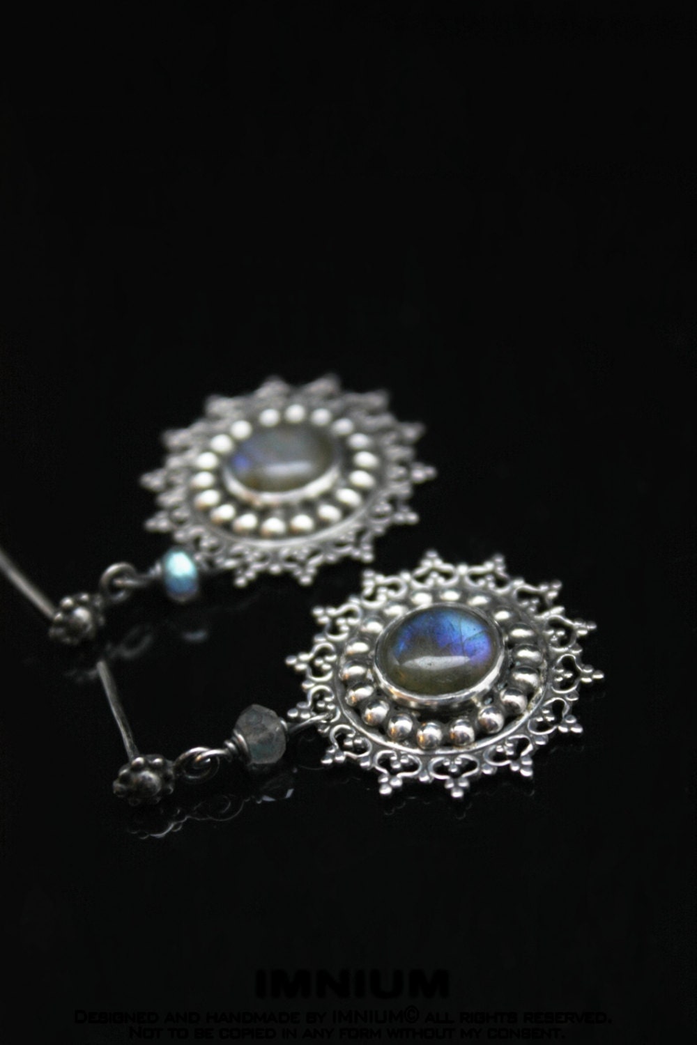 Filigree labradorite earrings - sterling silver round lightweight teal aqua royal blue detailed earrings goth victorian baroque handmade