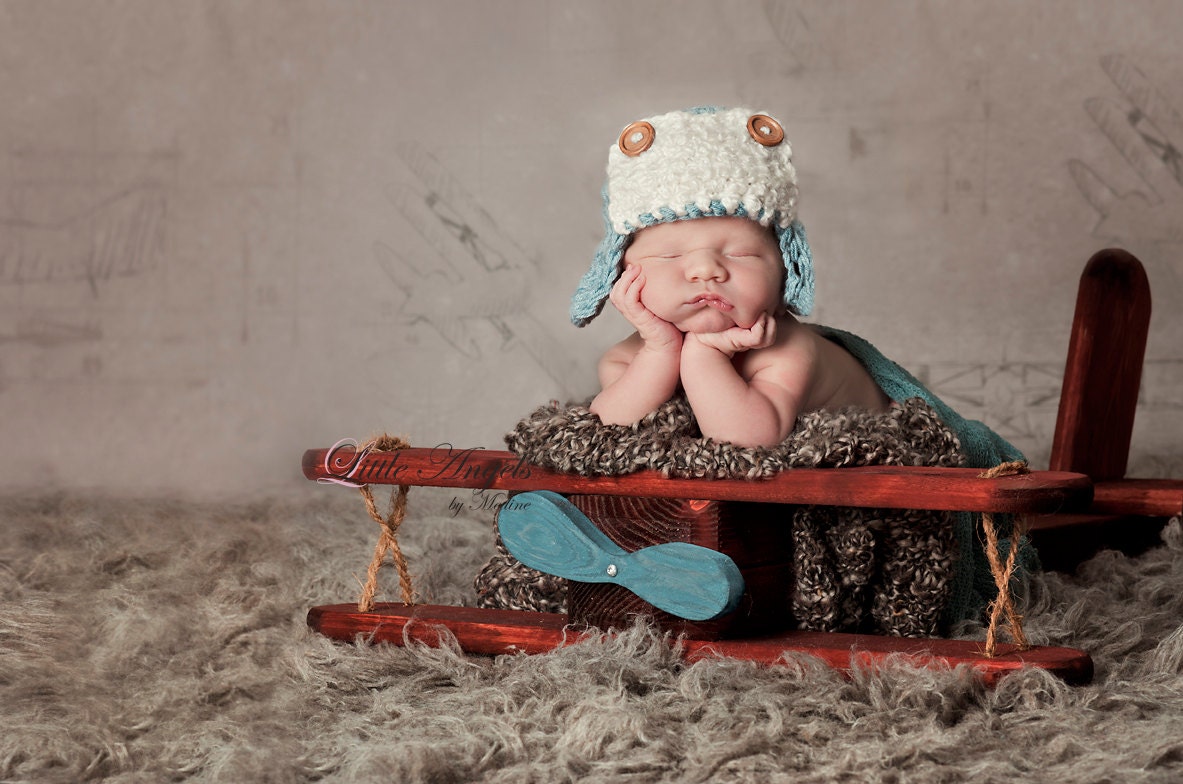 Newborn Aviator bomber pilot trapper baby boy beanie w/wood buttons GREAT photo prop. Sizes nb 1-3 & 3-6mos, 6-12mos - MANY colors.