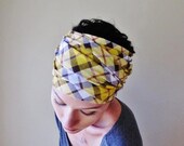 Yellow Plaid Head Scarf -  Brown and Yellow Checkered Headband, Hair Wrap - Retro Hair Accessories