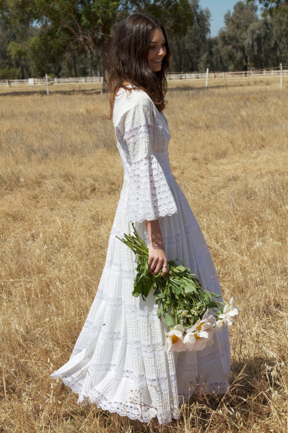 Vintage Wedding Dress, Long Sleeved, Crochet, Lace, Bohemian, Hippie - Holly