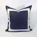 16x16 Navy Blue Off White Linen Pillow Cover with Grosgrain Ribbon- Decorative Throw Pillow Cover - Cushion Cover 41x41 cm