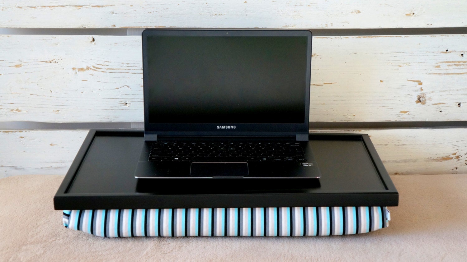 Wide -L size - Laptop Lap Desk or Breakfast serving Tray - Black with Aqua and Grey stripes