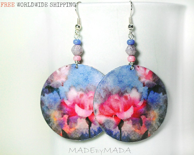 Romantic Flowers Round dangle decoupage earrings Floral motif pink blue,  gift for her under 25 (B6)