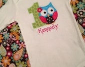 1st birthday owl onesie with name, you choose the colors you'd like