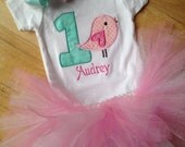 Personalized 1st birthday bird onesie, pink and sparkly white tutu, and matching hair bow