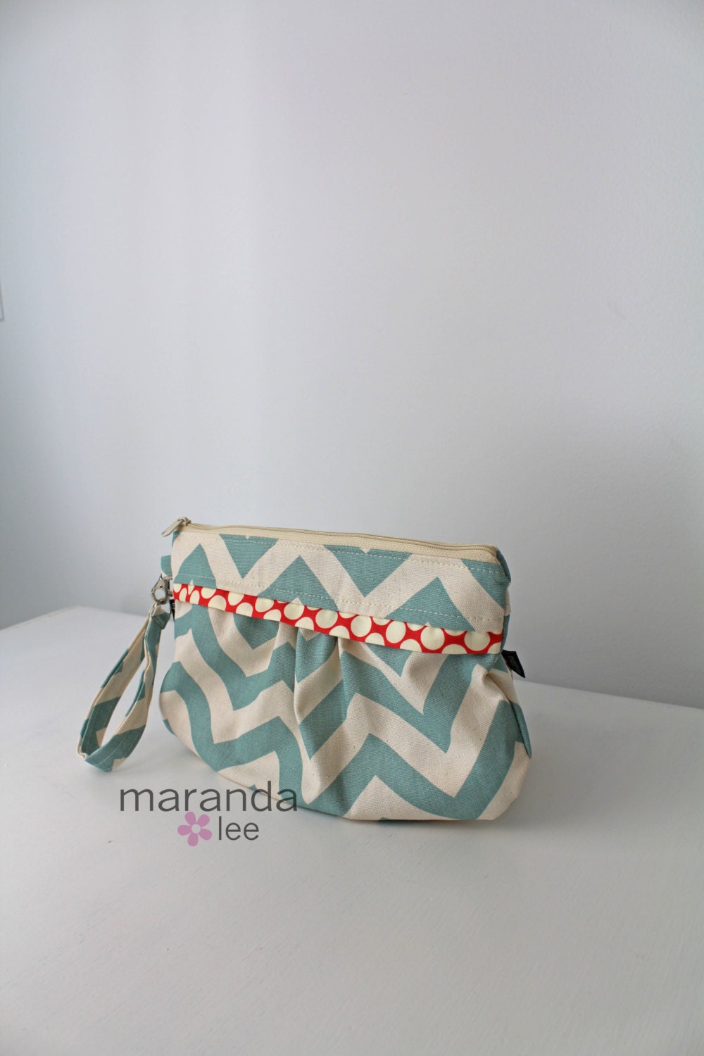 Zippered Clutch - Wristlet Blue Chevron with Cherry Dot Accent Medium Clutch with detachable strap - Custom -  Bridesmaid Gift