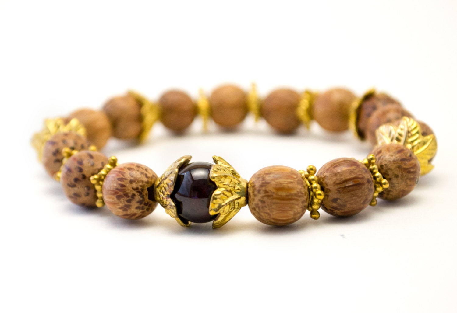SALE - Palmwood & Garnet Wrist Mala, Mala Beads, Yoga Bracelet, Wood Bracelet