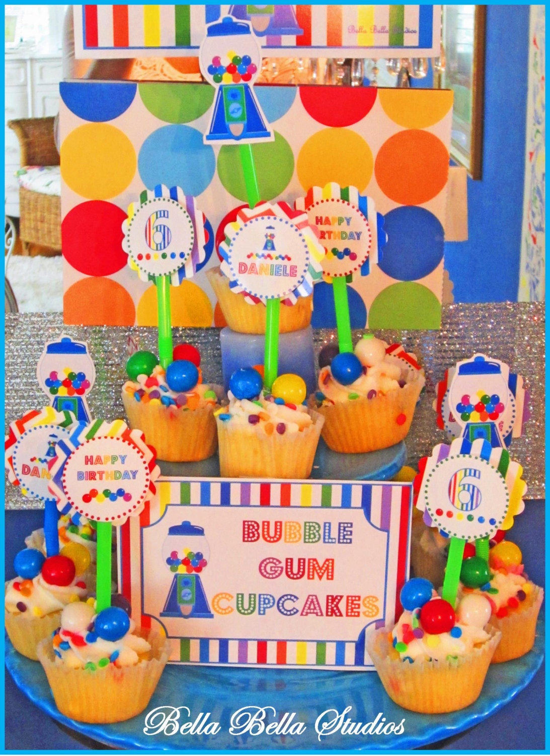 Rainbow Bubble Gum Birthday Party CUSTOM PRINTABLE Cupcake Topper Tags - Party Circles by Bella Bella Studios Il_570xn