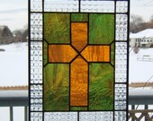 Amber stained glass panel window cross stained glass window panel window hanging stained glass cross suncatcher