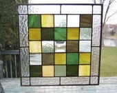 Green squared stained glass panel geometric abstract stained glass window panel modern window hanging GS1