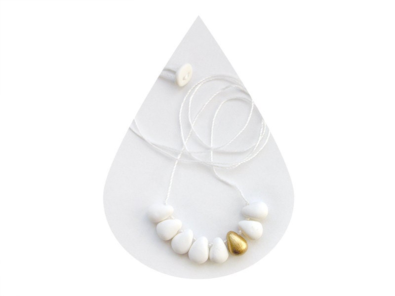 Gold white necklace - polymer clay teardrops- contemporary minimalist