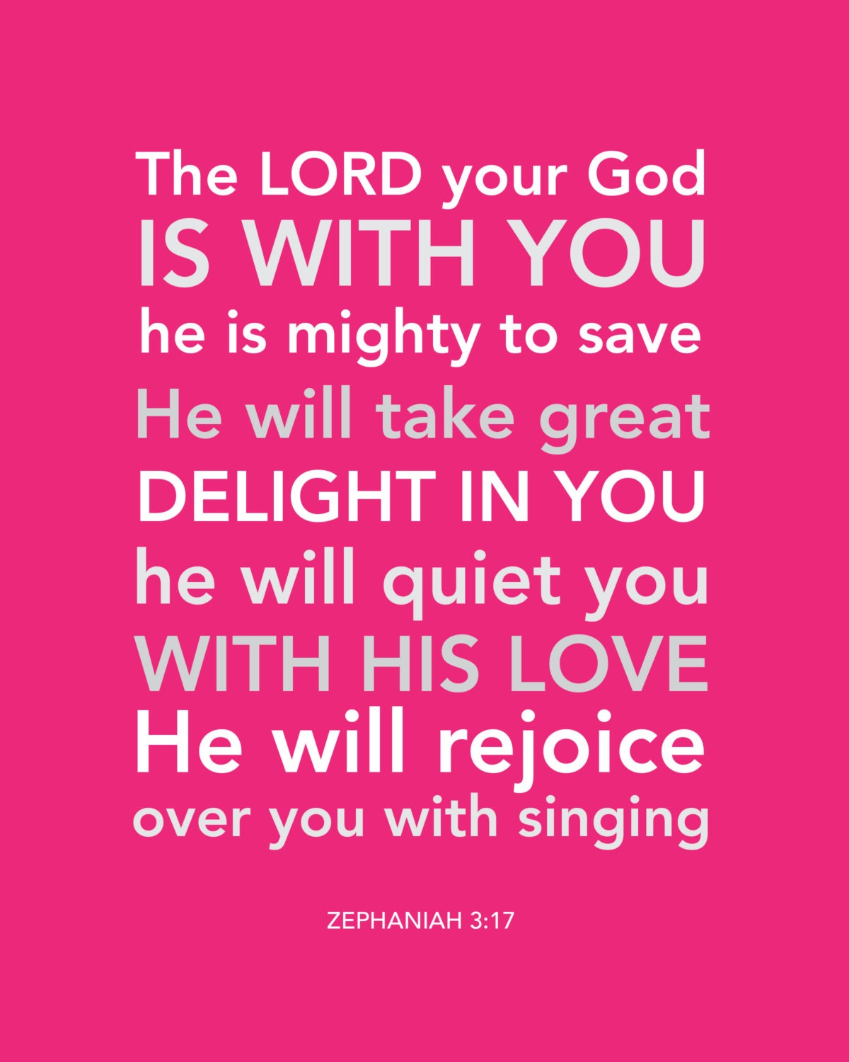 DIY Printable Digital Scripture Art Print LOVE pink RED bible verse - Zephaniah 3:17