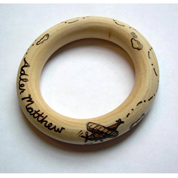 Airplane & Clouds Baby Teether - Wooden Teething Ring - Customizable