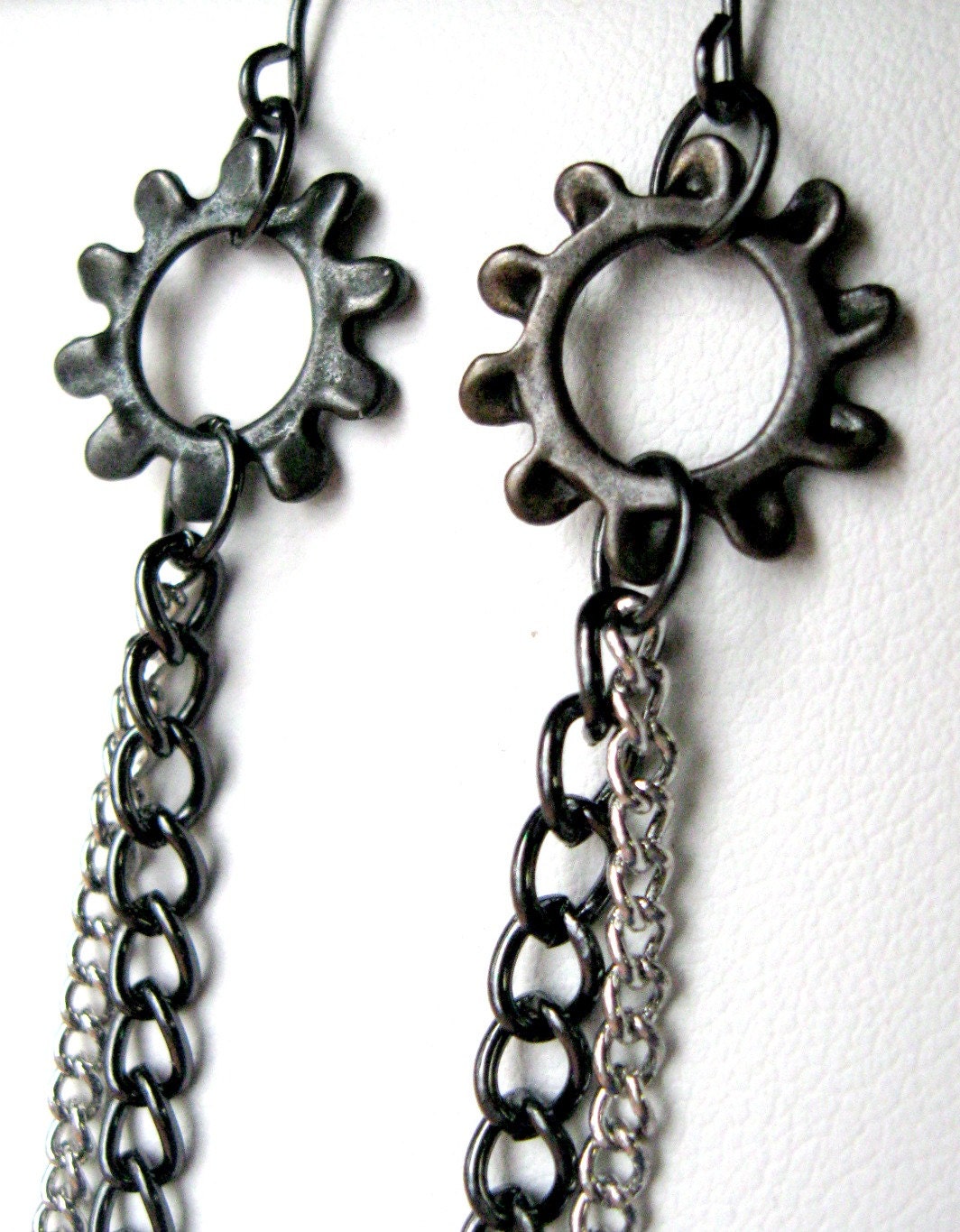 Jewelry Industrial Dangle Earrings - Gunmetal and Silver Chain Fringe and Gear Earrings