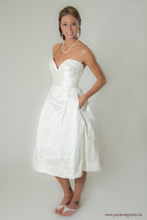 SAMPLE SALE: Short Sea Shell Silk Ball Gown Wedding Dress with Pockets, Strapless, Sweetheart Bodice, Corset Back, Eco Friendly