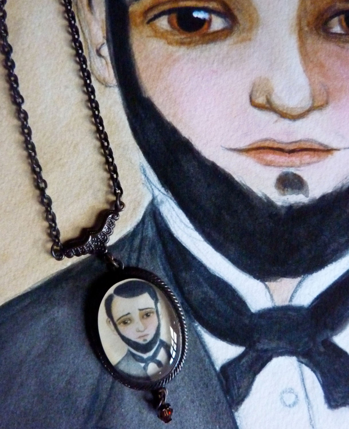 Ambrose Wearable Art Pendant - A Illustrated Victorian Gentleman Portrait Necklace