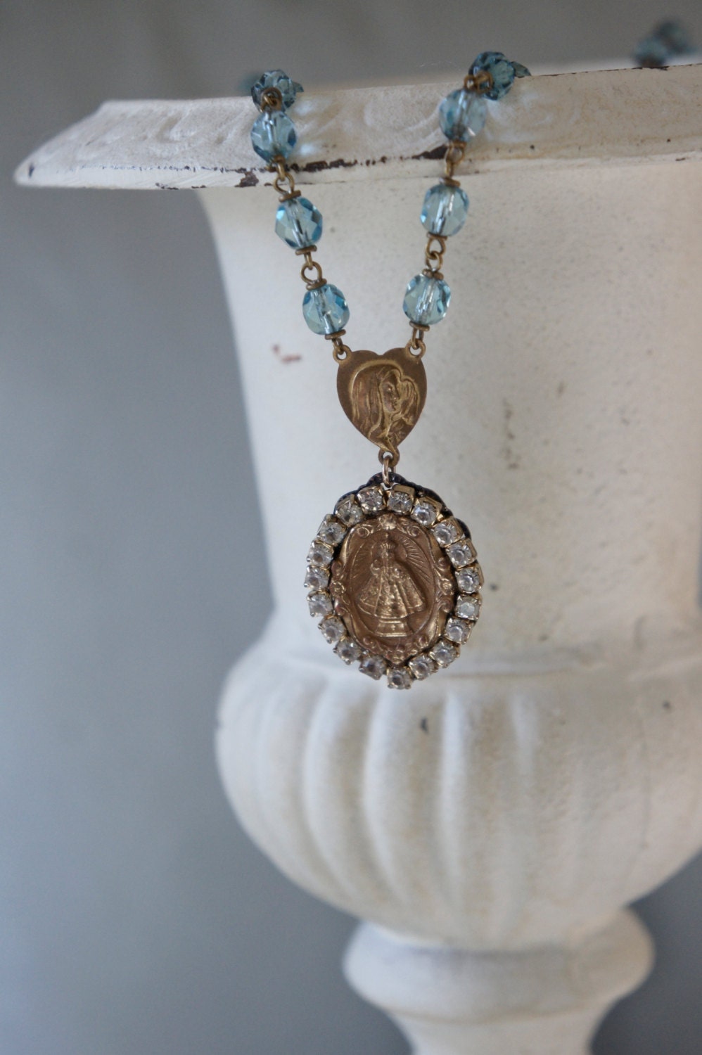 Vintage assemblage necklace religious medal Infant of Prague rhinestones rosary chain assemblage jewelry - Faith by French Feather Designs.
