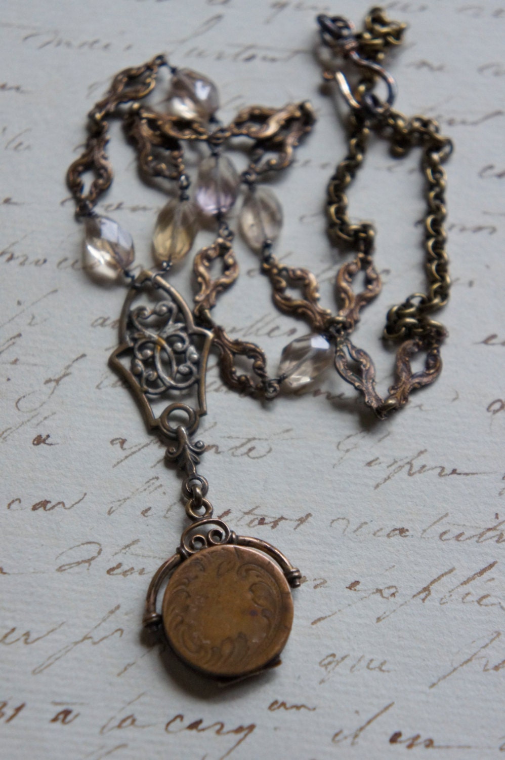 Watching Over Me-Vintage assemblage necklace prayer card gemstones watch fob assemblage jewelry - by French Feather Designs.