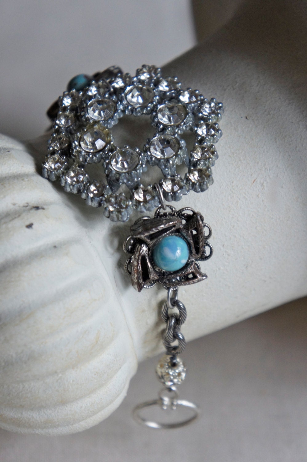 Splendor-Vintage assemblage bracelet paste brooch turquoise findings assemblage jewelry - by French Feather Designs