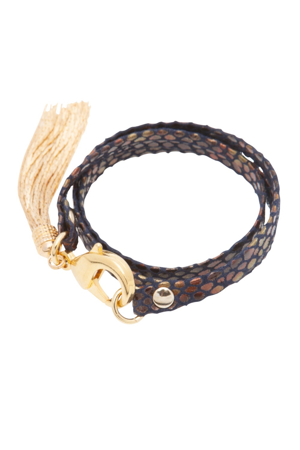 Blue Multi Colored Snake Skin Leather Triple Wrap Tassel Bracelet- Jewelry