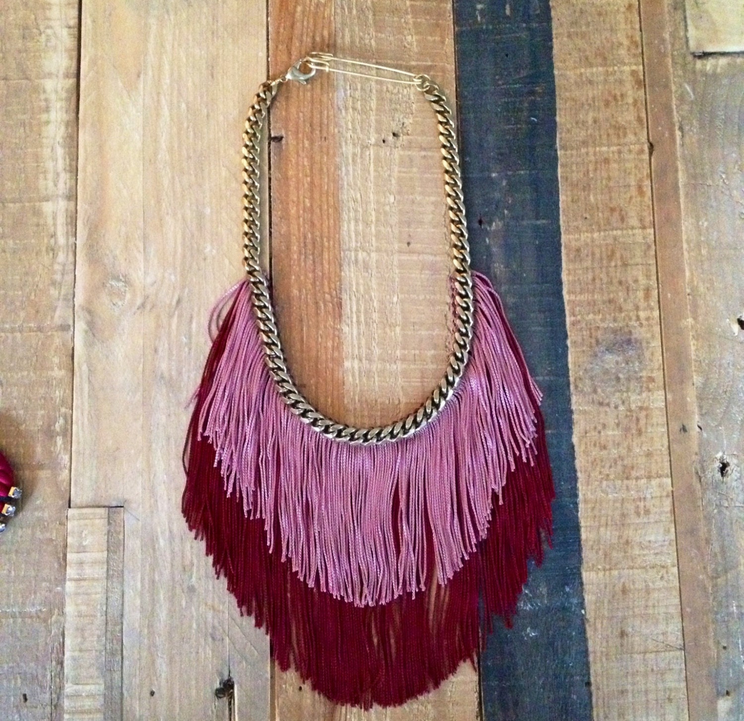 Pink and Red Fringe and Chain Necklace- Jewelry