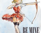 Be Mine Pin Up Valentine's Day notecard, 5 x 7 watercolour print