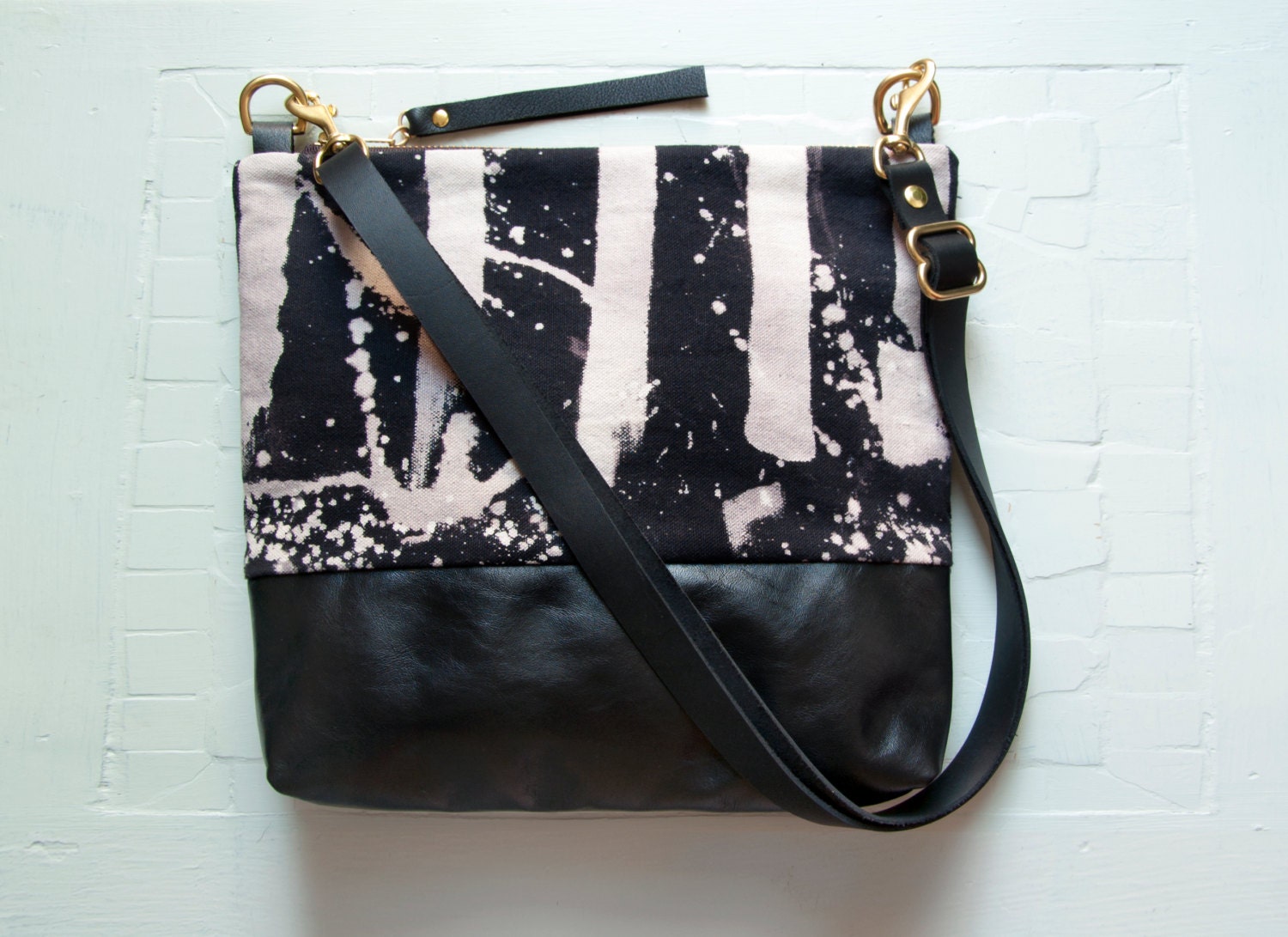LEATHER Shoulder Bag. Cross Body Purse. Hand Dyed Cotton Bleach BLACK.