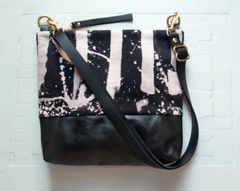 LEATHER Shoulder Bag. Cross Body Purse. Hand Dyed Cotton Bleach BLACK.